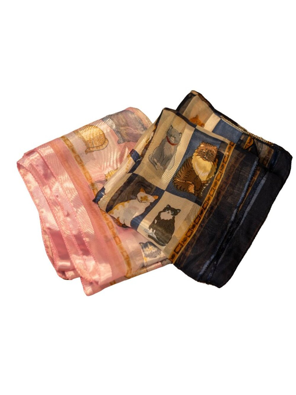 Set of 2 Kitty Cat Scarves / Satin / Pink & Navy Blue